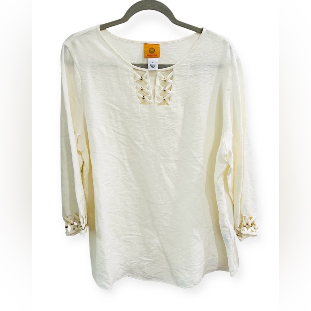 Ruby Rd. Ivory Blouse with Cutout Accents and gold accents, Size Large, NWT